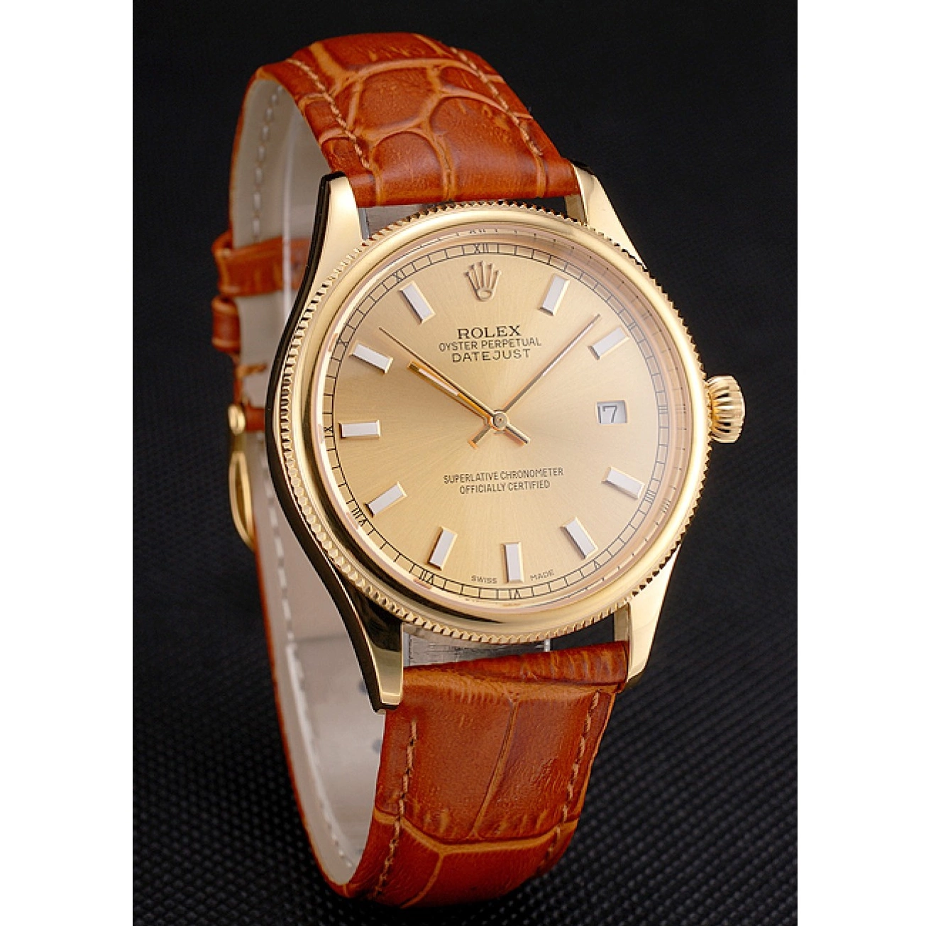 Aaa replica watch Gold Swiss Case Light Gold Leather Datejust Rolex Brown Dial Strap 0818